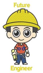 Playful cartoon boy with a yellow hard hat and red shirt, joyfully holding a blueprint, ideal for kids' designs.