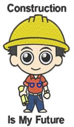 Cartoon boy in a yellow hard hat holds a blueprint, wearing a red shirt and blue pants, playful theme.