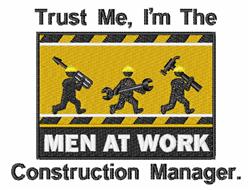 Construction manager figures in playful style, three black figures with tools on a bright yellow background.