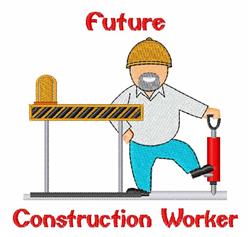 Cartoon construction worker in orange hard hat, blue pants, holding red jackhammer beside a barrier.