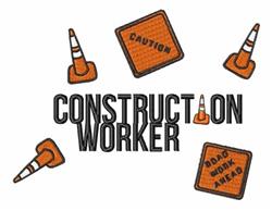 Bold construction worker signage featuring orange traffic cones and caution signs, in a playful cartoonish style.