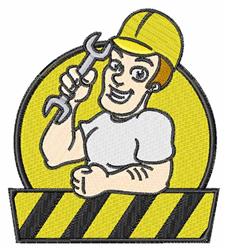 Cartoonish male construction worker holding a wrench, in a yellow helmet and white shirt, against a bright yellow circle.