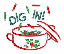Red cooking pot overflowing with green and red candies, featuring the text 'DIG IN!' in a playful style.
