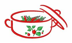 Whimsical red cooking pot filled with vibrant green vegetables and red tomatoes, topped with decorative leaves.