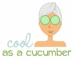 Playful illustration of a person relaxing with cucumber slices on their eyes and a towel, saying 'cool as a cucumber'.