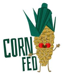 Cartoon corn character with golden texture, green leaves, and red cheeks next to 'CORN FED' text in playful harvest theme.