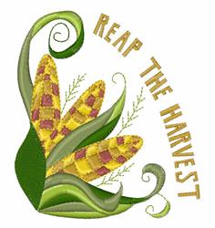 Whimsical corn ears with vibrant leaves and gold 'REAP THE HARVEST' text, perfect for autumn kitchen decor.