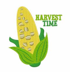 Bright yellow corn cob with textured kernels and green leaves, featuring 'HARVEST TIME' in bold green. Perfect for autumn.