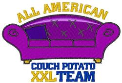 Playful couch potato design featuring a plush purple couch with tufted detail, bold yellow 'ALL AMERICAN' text, and blue 'COU