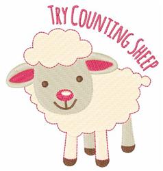 Cartoon sheep with fluffy white body and gray face, pink ears, and cheerful text 'TRY COUNTING SHEEP'.