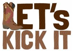 Cowboy boot with detailed stitching and bold 'LET'S KICK IT' text, featuring playful rustic style.