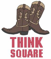 Cross stitch cowboy boots in brown with playful lightning bolts and bold red text reading 'THINK SQUARE'.