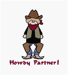 Playful cowboy character with a brown hat, red bandana, and denim jeans, featuring 'Howdy Partner!' text.