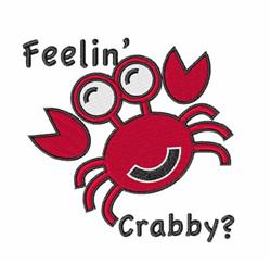 Cartoon crab in vibrant red with large eyes and claws, featuring 'Feelin' Crabby?' in bold black text.