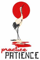 Crane standing on a reflective surface, vibrant red circle in the background, featuring the phrase 'practice PATIENCE'.