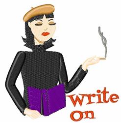 Stylized female figure with black hair in a beret, holding a purple book and cigarette, featuring cheerful 'write on' text.