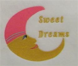 Crescent moon with a playful pink hue and a golden face, embroidered 'Sweet Dreams' in gold, perfect for nursery decor.