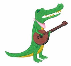 Playful green crocodile with a pink bow tie strumming a brown guitar in a cartoonish style.