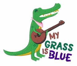 Playful green crocodile strumming a guitar, wearing a pink scarf with colorful 'MY GRASS IS BLUE' text.