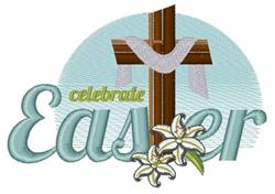 Applique cross adorned with white lilies and elegant 'Easter' text on a soft blue background, celebrating the season.