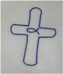 Simple outline embroidery of a blue cross with a fish symbol, designed for religious occasions on light fabric.