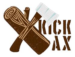 Crossed logs with bold text 'KICK AX' and light blue axe, playful rustic design for kitchen towels.
