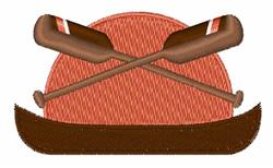 Crossed oars design featuring brown oars against a vibrant red sunset, perfect for outdoor-themed decor.