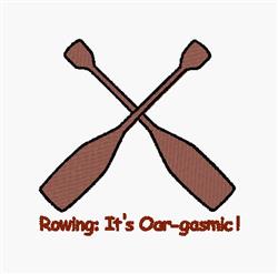 Crossed rowing oars in brown on a white background with playful text 'Rowing: It's Oar-gasmic!', ideal for sports-themed deco