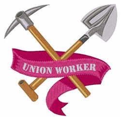 Detailed design of crossed pickaxe and shovel with a pink ribbon stating 'UNION WORKER' in vibrant colors.