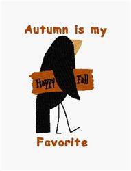 Whimsical crow holding a sign that says 'Happy Fall' with autumn colors, perfect for fall decorations.
