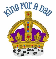 Colorful crown with gold and purple accents, featuring jewels and playful 'King For A Day' text, perfect for celebrations.