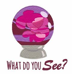 Playful crystal ball in shades of pink and purple on a silver base, featuring the phrase 'What Do You See?' in a whimsical st