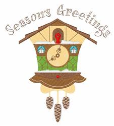 Playful cuckoo clock with a brown roof, green accents, and 'Seasons Greetings' text, featuring hanging pinecones for a holida