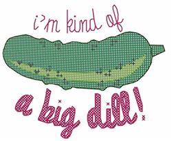Playful cucumber in vibrant green shades with bubble text stating 'i'm kind of a big dill!' in pink and purple.
