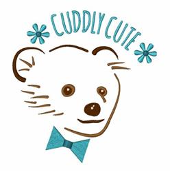 Cute bear face with a friendly expression, wearing a blue bow tie and surrounded by light blue flowers; playful style.