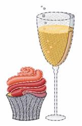 Colorful cupcake with swirled pink and red frosting beside a champagne glass filled with golden bubbles.