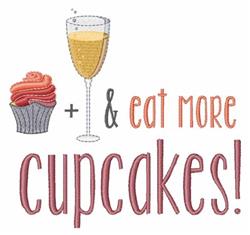 Whimsical pink cupcake with swirls, bubbly champagne glass, and 'eat more cupcakes!' text for birthday celebration.