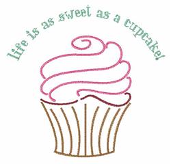 Colorful cupcake with pink frosting and the phrase 'life is as sweet as a cupcake!' in playful font. Perfect for food-themed
