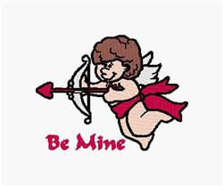Playful cupid figure with curly brown hair and white wings, holding a bow and arrow, featuring 'Be Mine' text, perfect for Va