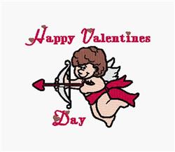 Playful cupid with curly brown hair holds a pink heart-tipped bow and arrow, perfect for Valentine's Day.