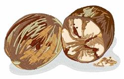 Realistic nut embroidery featuring a detailed cut nut showcasing its soft interior and earthy browns and creams.