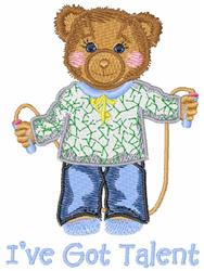 Playful bear in colorful clothing with jump ropes, featuring 'I've Got Talent' text below. Whimsical design.