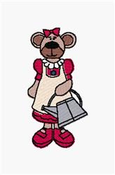 Applique bear in a red dress with an apron and bow, holding a watering can, playful and colorful for children's decor.