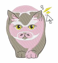 Cute cat face in pink and gray with large yellow eyes, playful expression, ideal for machine embroidery.
