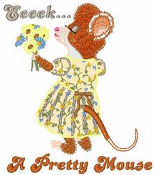 Whimsical mouse in a yellow dress with floral patterns, holding flowers in a vibrant spring scene.