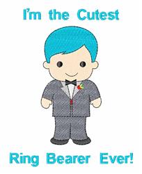 Cute boy in gray tuxedo with vibrant blue hair, surrounded by 'I'm the Cutest Ring Bearer Ever!' text, perfect for weddings.