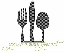 Cross stitch cutlery set with a fork, knife, and spoon, featuring elegant minimalist lines and 'you are what you eat' text.