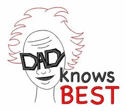 Playful cartoon face with messy hair and oversized sunglasses reading 'DAD', plus bold text 'knows BEST' for Father's Day.