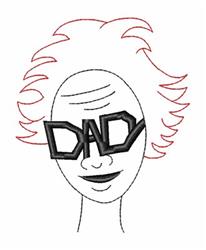 Cartoon person with spiky hair and oversized sunglasses reading 'DAD.' A playful design suited for Father's Day.