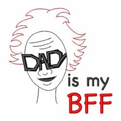 Playful face with messy hair and oversized sunglasses, 'DAD is my BFF' in bright colors, perfect for Father's Day.